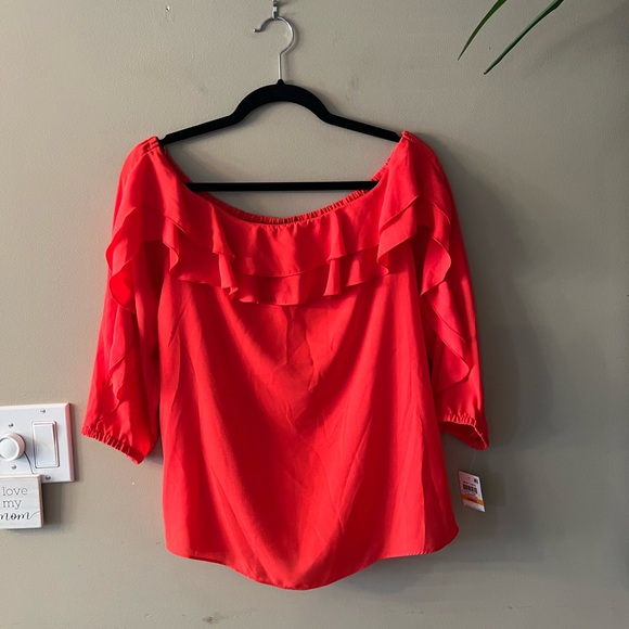 *HOST PICK* NWT INC. International Concepts Bright Coral Red Ruffle Top - Picture 10 of 12